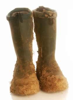 Clean muddy boots with a hand held shower head